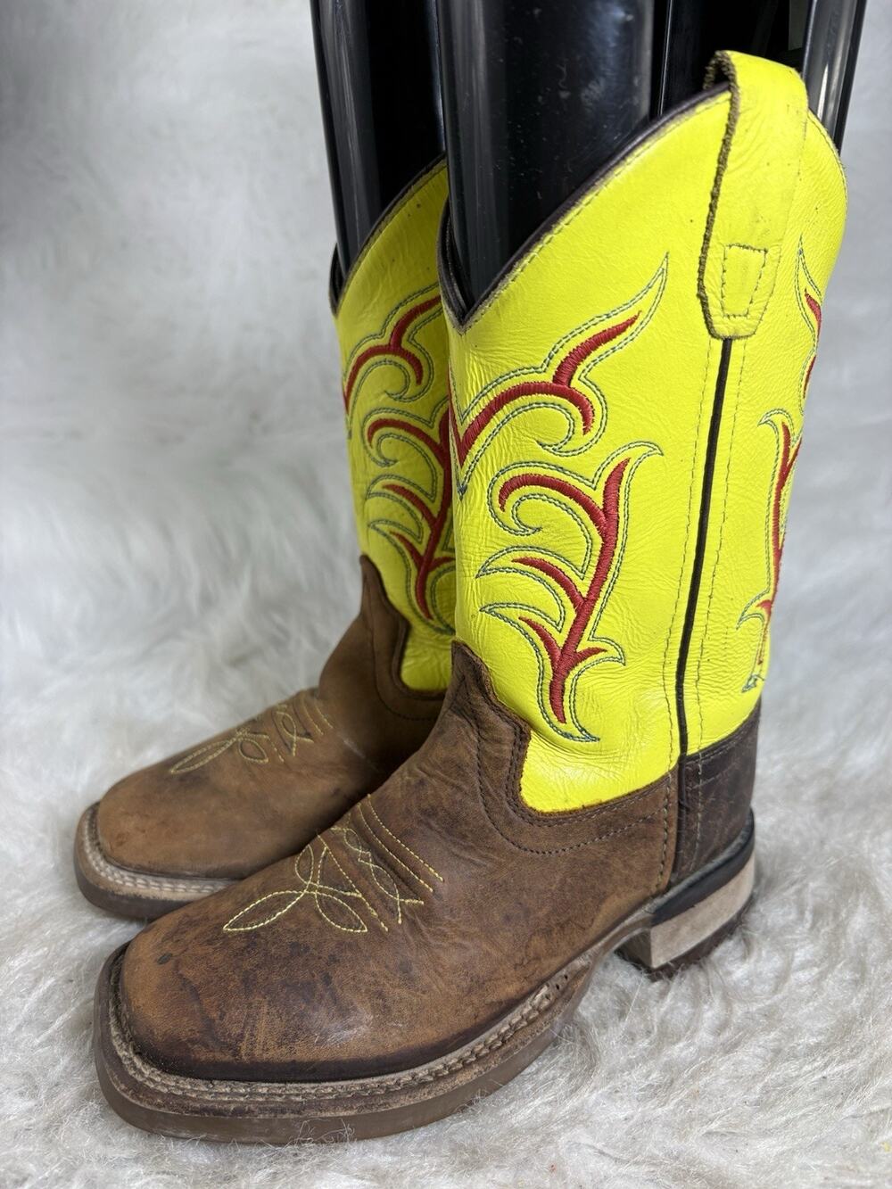 Old West BSC1849 Youth 12D Cowboy Boots Brown Neon Yellow Leather Western